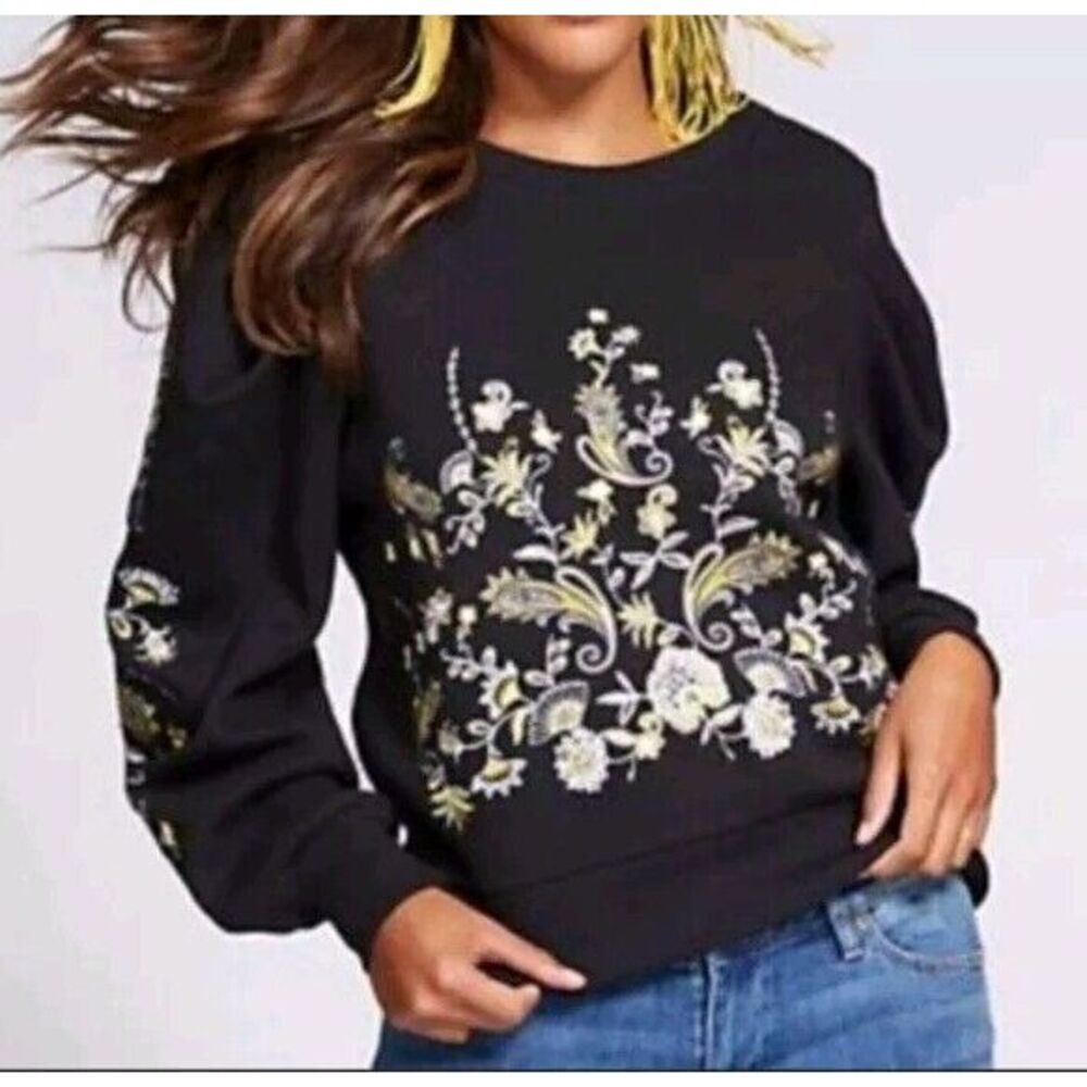 Gabrielle Union Sweatshirt XS Embroidered Long Sleeves Black Floral Paisley Boho - Picture 2 of 8